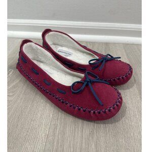 The Vermont Country Store Slippers Womens Moccasin Fleece Lined Pink Rubber 9.5